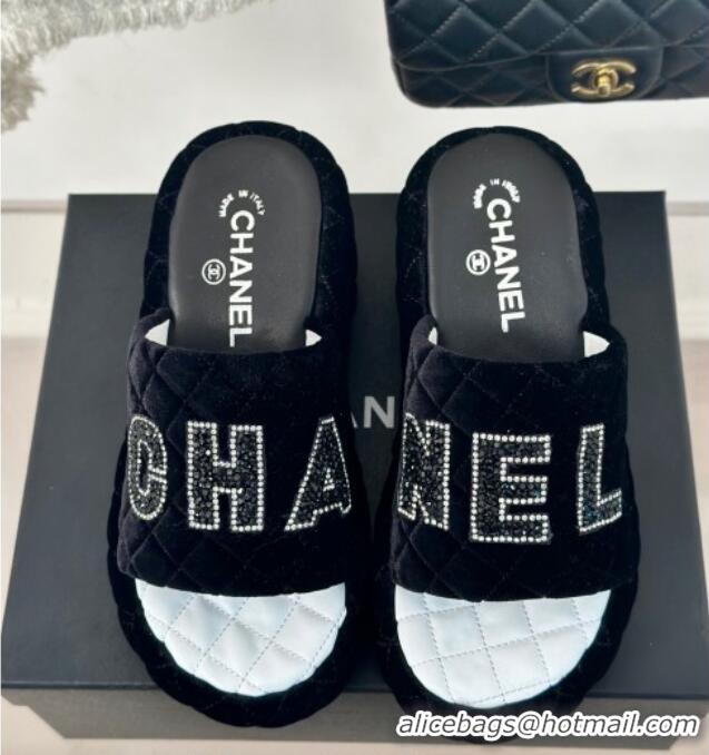 Best Product Chanel Quilted Velvet Wedge Slides Sandals Black 603076