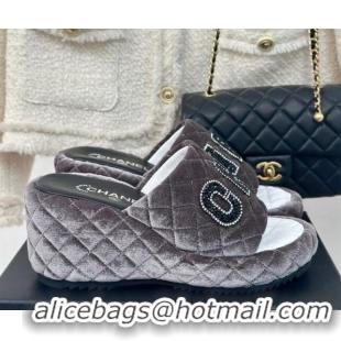 Luxurious Chanel Quilted Velvet Wedge Slides Sandals Grey 603077