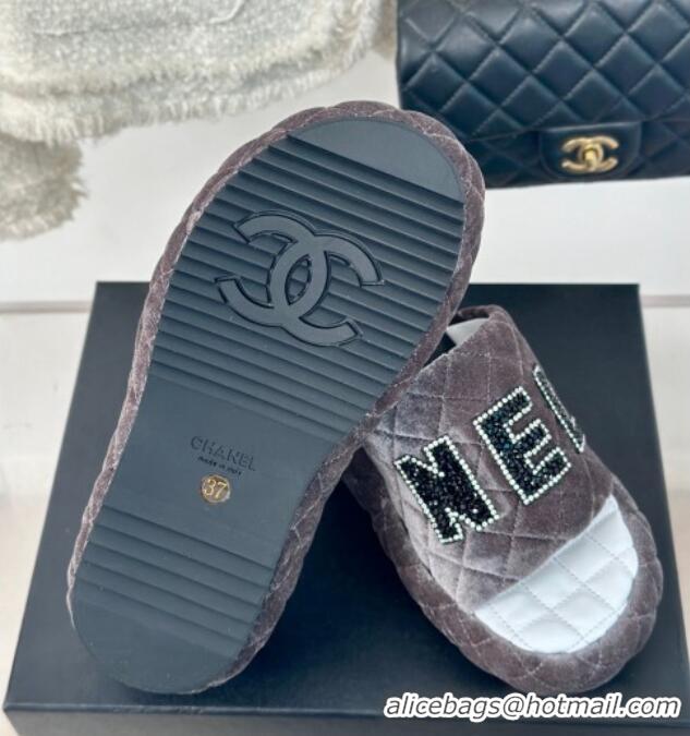 Luxurious Chanel Quilted Velvet Wedge Slides Sandals Grey 603077