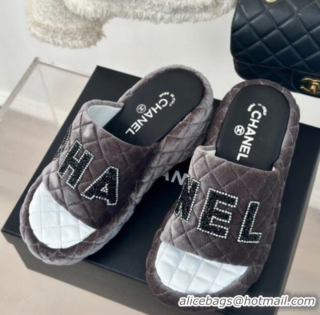 Luxurious Chanel Quilted Velvet Wedge Slides Sandals Grey 603077