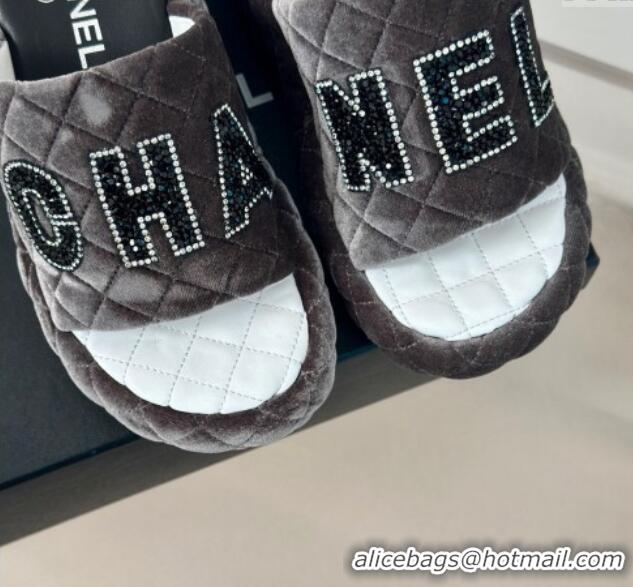 Luxurious Chanel Quilted Velvet Wedge Slides Sandals Grey 603077