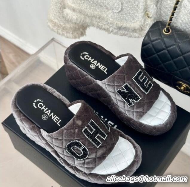 Luxurious Chanel Quilted Velvet Wedge Slides Sandals Grey 603077