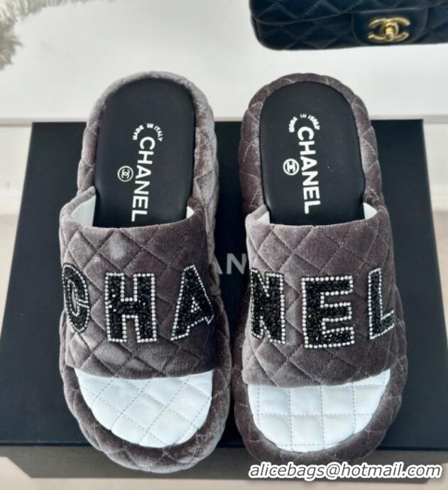 Luxurious Chanel Quilted Velvet Wedge Slides Sandals Grey 603077