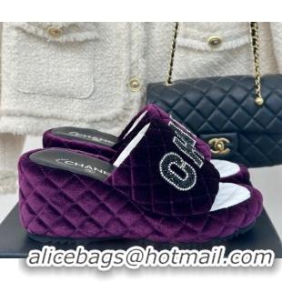 Luxury Cheap Chanel Quilted Velvet Wedge Slides Sandals Purple 603078