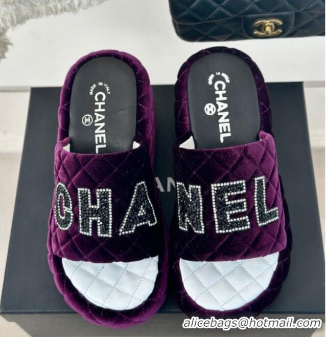 Luxury Cheap Chanel Quilted Velvet Wedge Slides Sandals Purple 603078