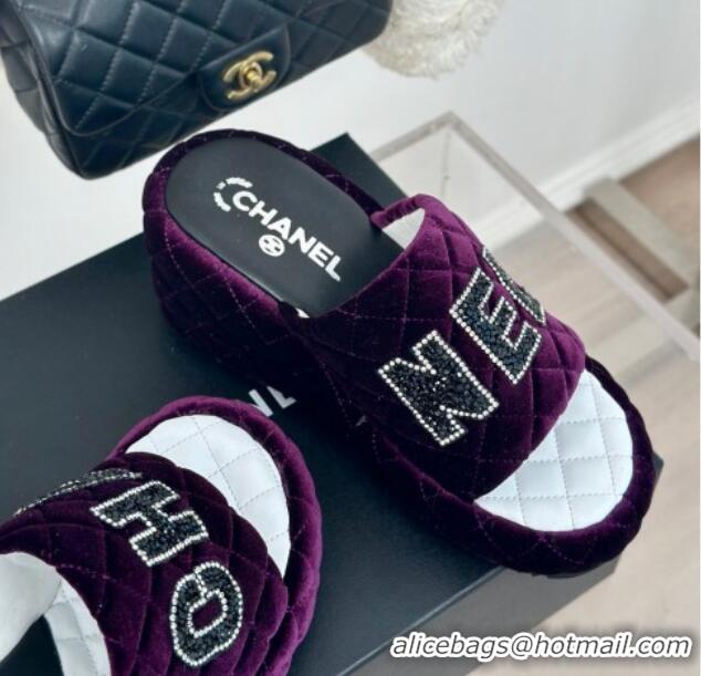 Luxury Cheap Chanel Quilted Velvet Wedge Slides Sandals Purple 603078