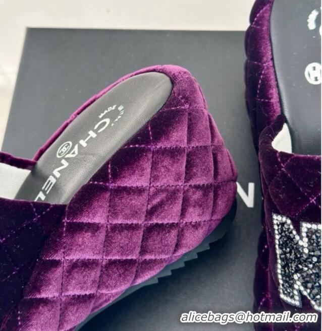 Luxury Cheap Chanel Quilted Velvet Wedge Slides Sandals Purple 603078