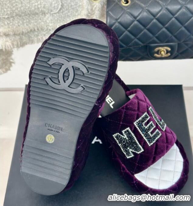 Luxury Cheap Chanel Quilted Velvet Wedge Slides Sandals Purple 603078