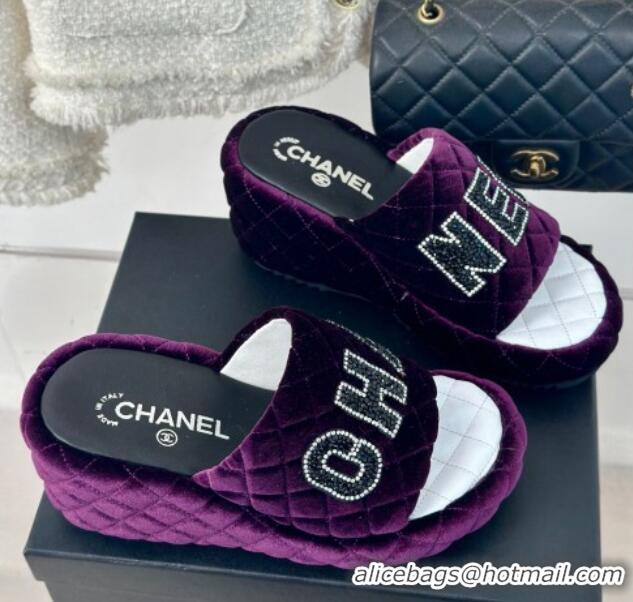 Luxury Cheap Chanel Quilted Velvet Wedge Slides Sandals Purple 603078