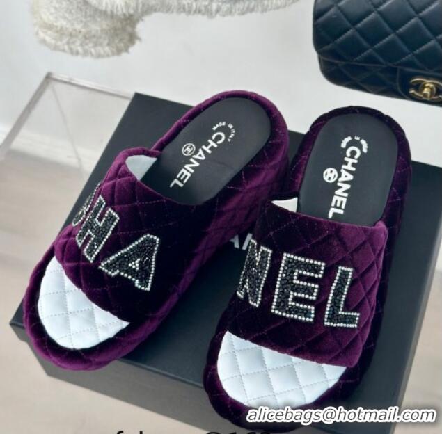 Luxury Cheap Chanel Quilted Velvet Wedge Slides Sandals Purple 603078