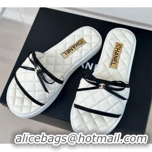 Luxury Chanel Quilted Lambskin Flat Slides Sandals with Bow White 603079