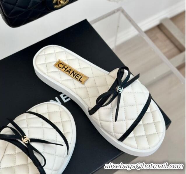 Luxury Chanel Quilted Lambskin Flat Slides Sandals with Bow White 603079