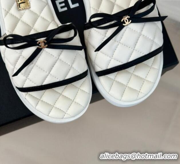 Luxury Chanel Quilted Lambskin Flat Slides Sandals with Bow White 603079