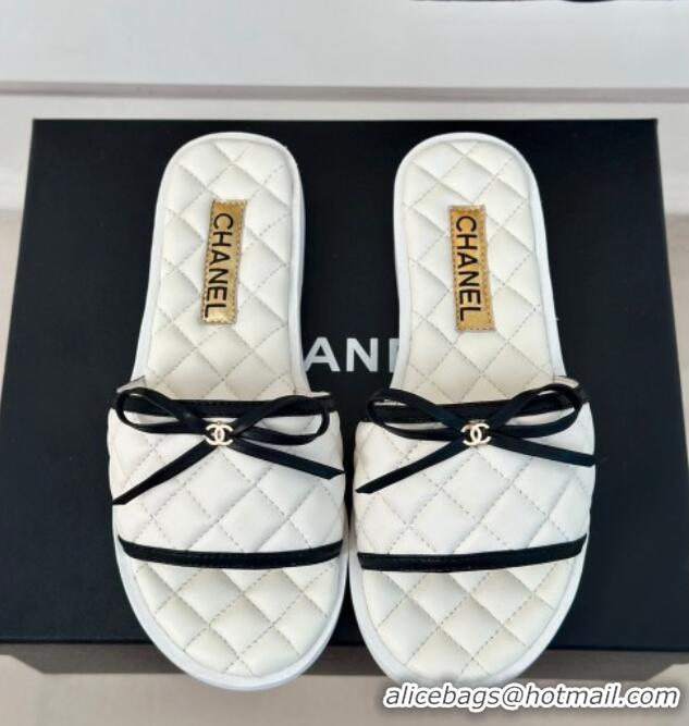 Luxury Chanel Quilted Lambskin Flat Slides Sandals with Bow White 603079