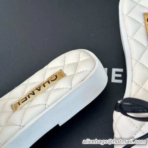 Luxury Chanel Quilted Lambskin Flat Slides Sandals with Bow White 603079