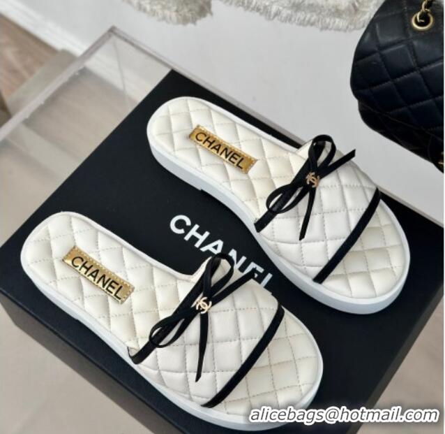 Luxury Chanel Quilted Lambskin Flat Slides Sandals with Bow White 603079