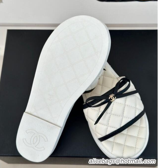 Luxury Chanel Quilted Lambskin Flat Slides Sandals with Bow White 603079