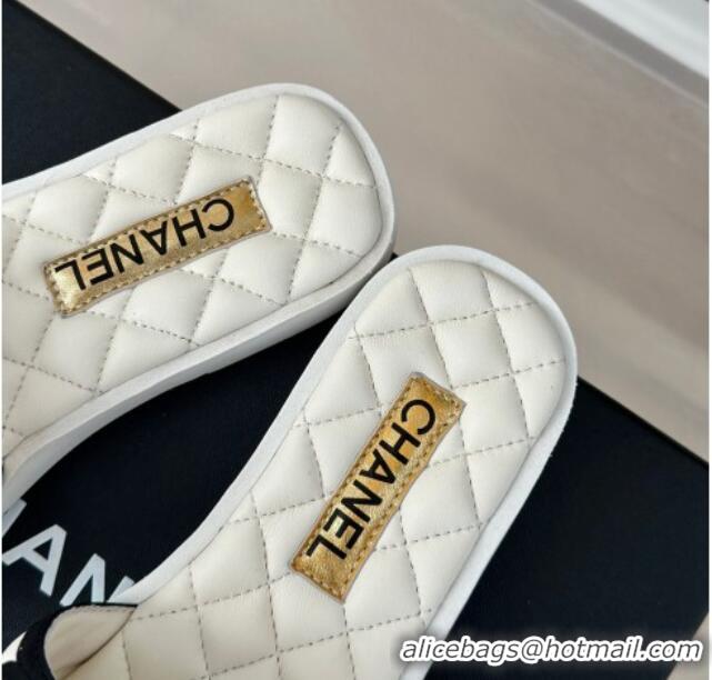 Luxury Chanel Quilted Lambskin Flat Slides Sandals with Bow White 603079