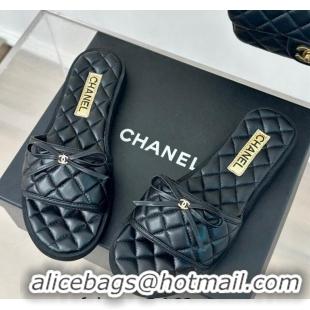 Top Design Chanel Quilted Lambskin Flat Slides Sandals with Bow Black 603080