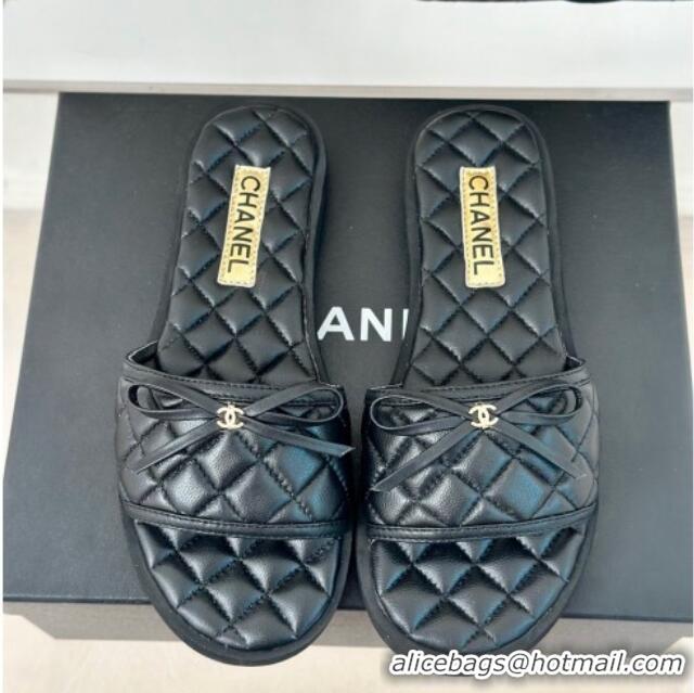 Top Design Chanel Quilted Lambskin Flat Slides Sandals with Bow Black 603080