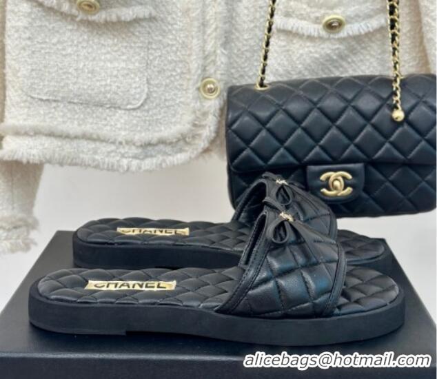 Top Design Chanel Quilted Lambskin Flat Slides Sandals with Bow Black 603080