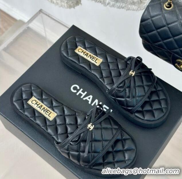 Top Design Chanel Quilted Lambskin Flat Slides Sandals with Bow Black 603080