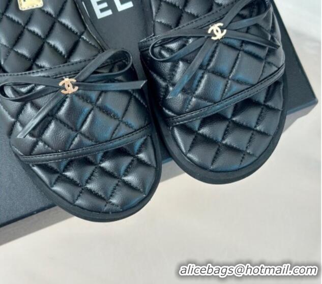 Top Design Chanel Quilted Lambskin Flat Slides Sandals with Bow Black 603080