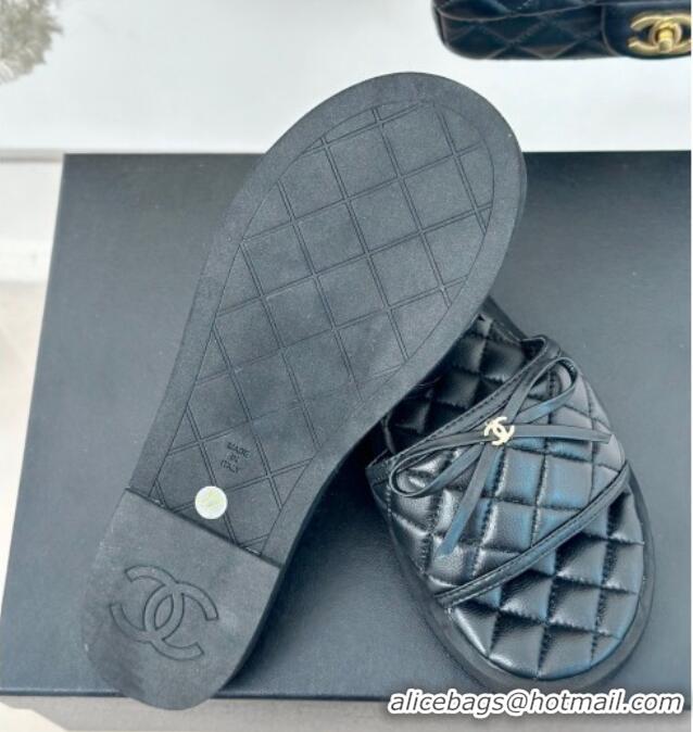 Top Design Chanel Quilted Lambskin Flat Slides Sandals with Bow Black 603080