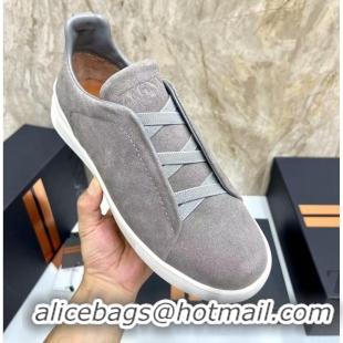 ​Promotional Zegna Melange Suede Triple Stitch Sneakers Feature A White Rubber Sole ZE4589 Grey