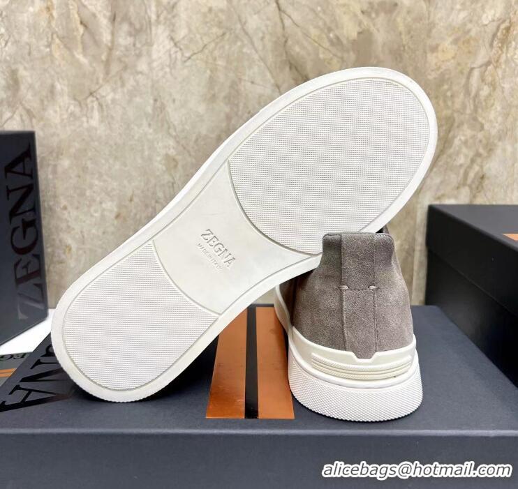 ​Promotional Zegna Melange Suede Triple Stitch Sneakers Feature A White Rubber Sole ZE4589 Grey