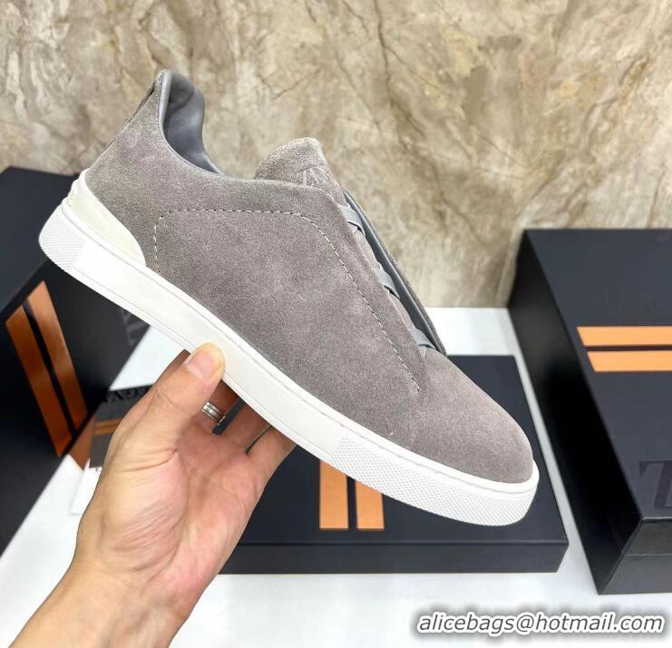 ​Promotional Zegna Melange Suede Triple Stitch Sneakers Feature A White Rubber Sole ZE4589 Grey