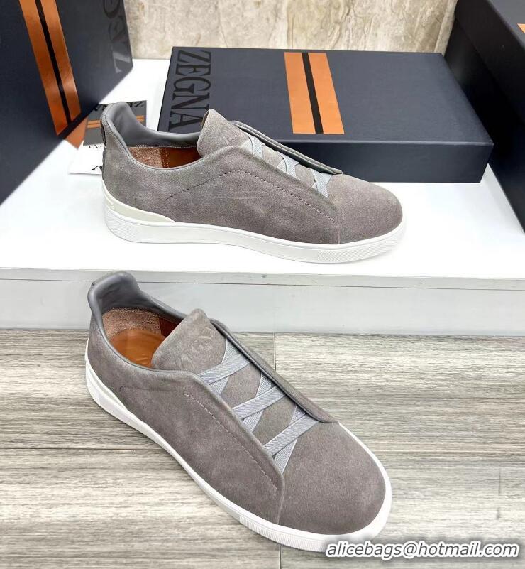 ​Promotional Zegna Melange Suede Triple Stitch Sneakers Feature A White Rubber Sole ZE4589 Grey