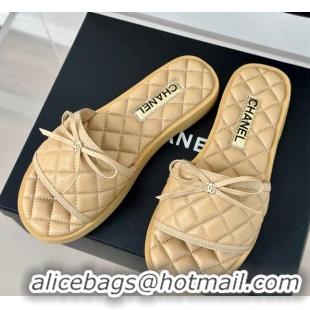 Classic Hot Chanel Quilted Lambskin Flat Slides Sandals with Bow Beige 603081