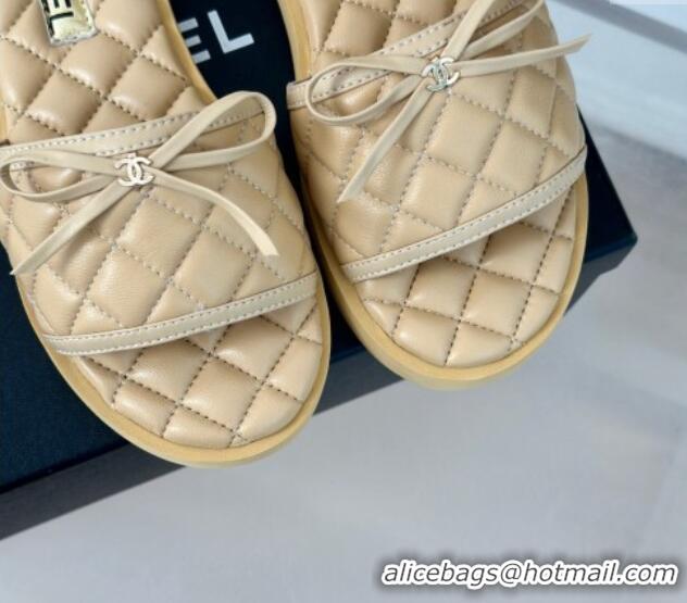 Classic Hot Chanel Quilted Lambskin Flat Slides Sandals with Bow Beige 603081