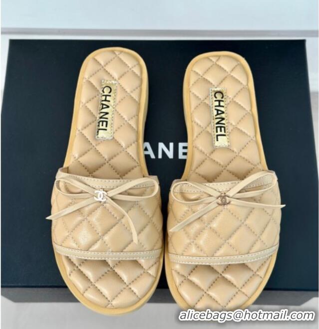 Classic Hot Chanel Quilted Lambskin Flat Slides Sandals with Bow Beige 603081