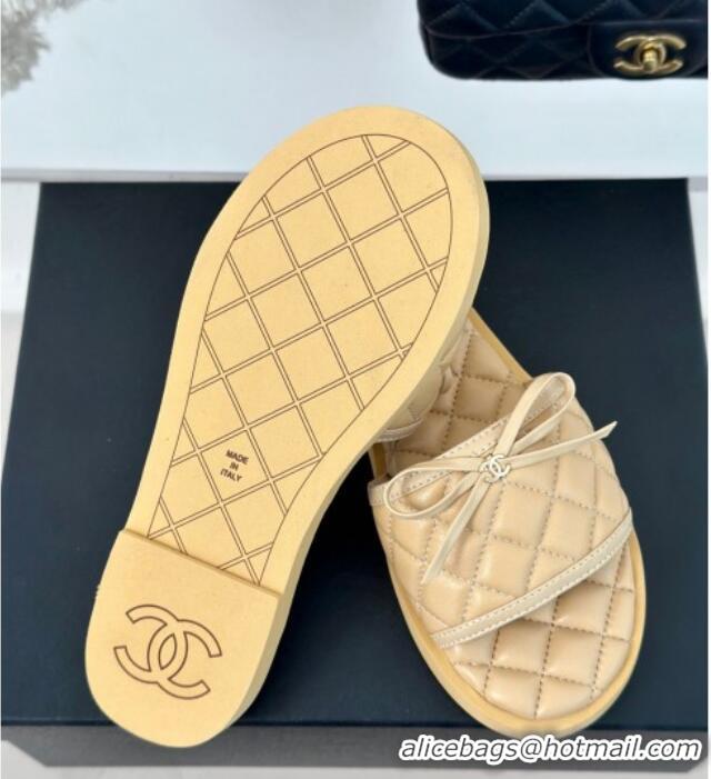 Classic Hot Chanel Quilted Lambskin Flat Slides Sandals with Bow Beige 603081