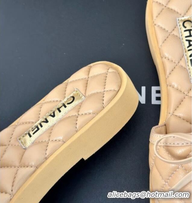 Classic Hot Chanel Quilted Lambskin Flat Slides Sandals with Bow Beige 603081