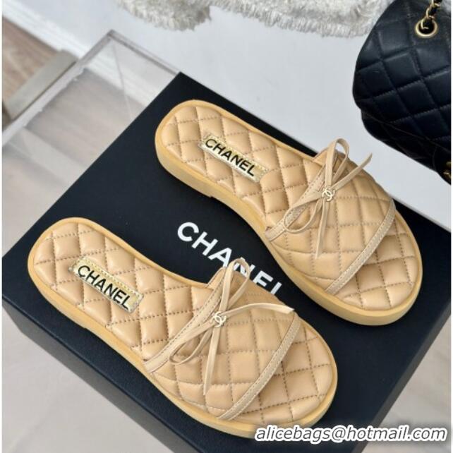 Classic Hot Chanel Quilted Lambskin Flat Slides Sandals with Bow Beige 603081