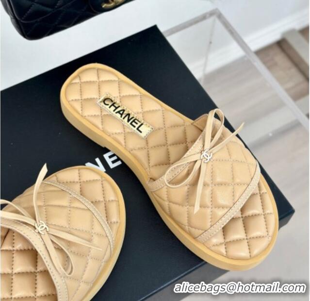 Classic Hot Chanel Quilted Lambskin Flat Slides Sandals with Bow Beige 603081