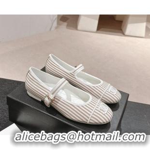 Stylish Chanel Stripes Embroidered Fabric Mary Janes Flat Ballet G45503 Beige 603083