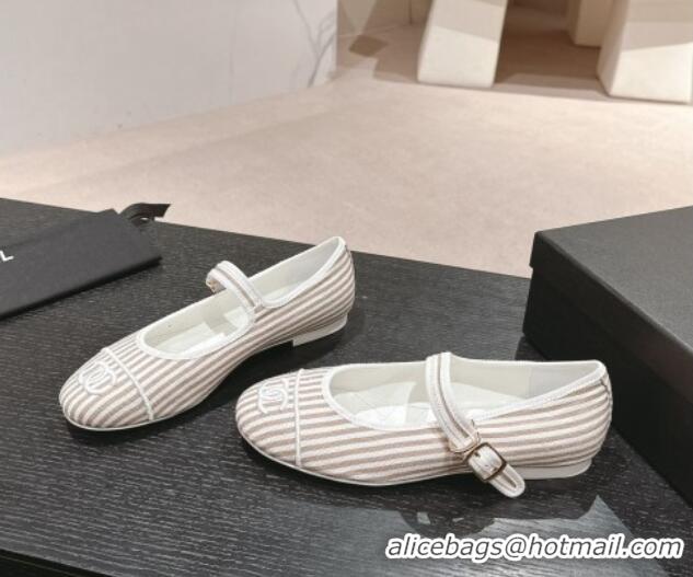 Stylish Chanel Stripes Embroidered Fabric Mary Janes Flat Ballet G45503 Beige 603083