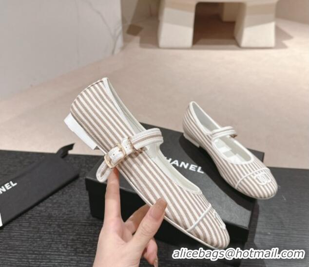 Stylish Chanel Stripes Embroidered Fabric Mary Janes Flat Ballet G45503 Beige 603083