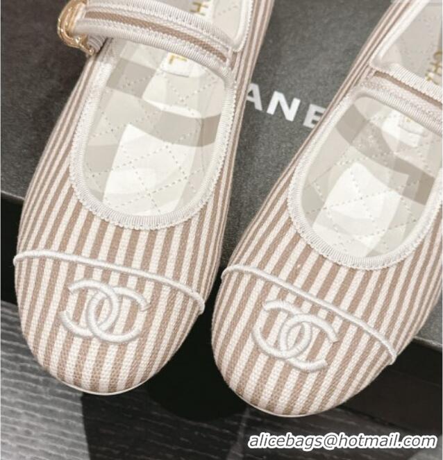 Stylish Chanel Stripes Embroidered Fabric Mary Janes Flat Ballet G45503 Beige 603083