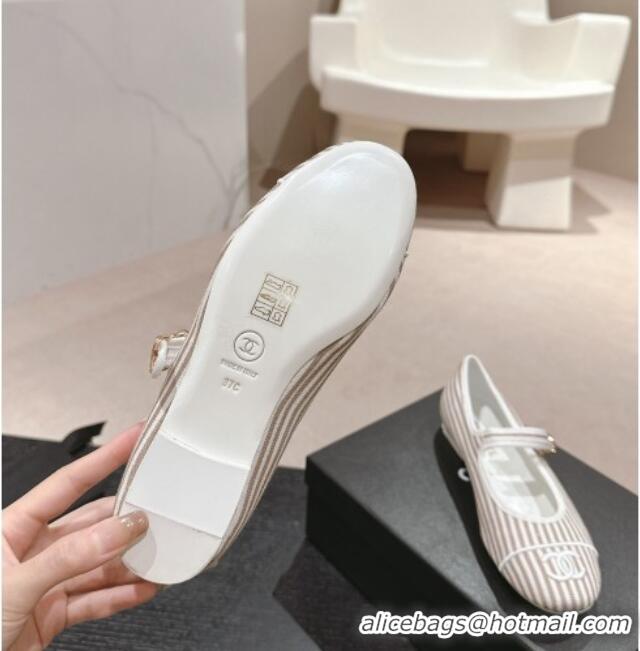 Stylish Chanel Stripes Embroidered Fabric Mary Janes Flat Ballet G45503 Beige 603083