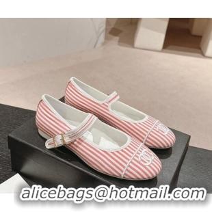 Grade Quality Chanel Stripes Embroidered Fabric Mary Janes Flat Ballet G45503 Pink 603084