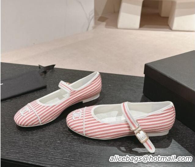 Grade Quality Chanel Stripes Embroidered Fabric Mary Janes Flat Ballet G45503 Pink 603084