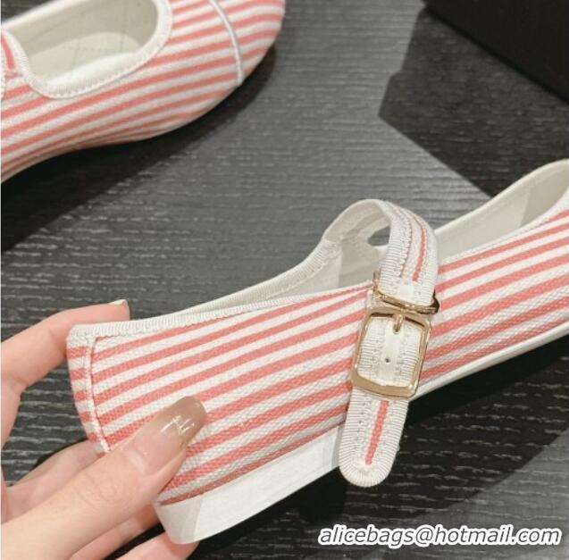 Grade Quality Chanel Stripes Embroidered Fabric Mary Janes Flat Ballet G45503 Pink 603084