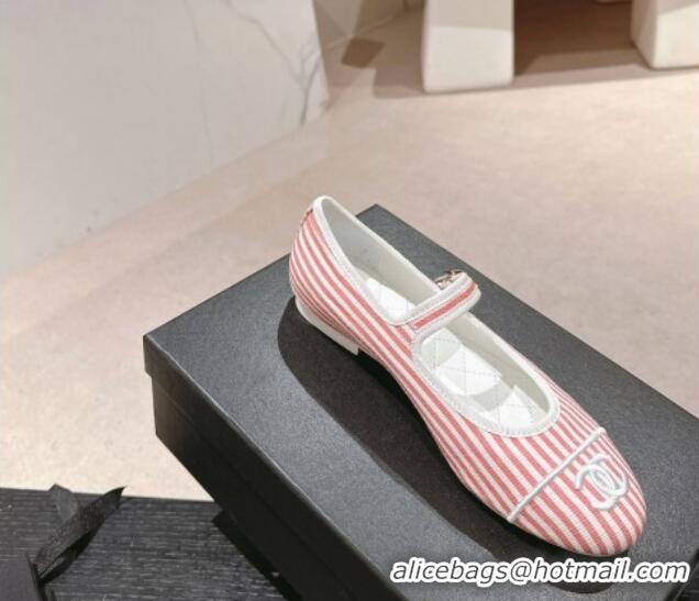 Grade Quality Chanel Stripes Embroidered Fabric Mary Janes Flat Ballet G45503 Pink 603084