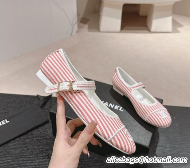 Grade Quality Chanel Stripes Embroidered Fabric Mary Janes Flat Ballet G45503 Pink 603084