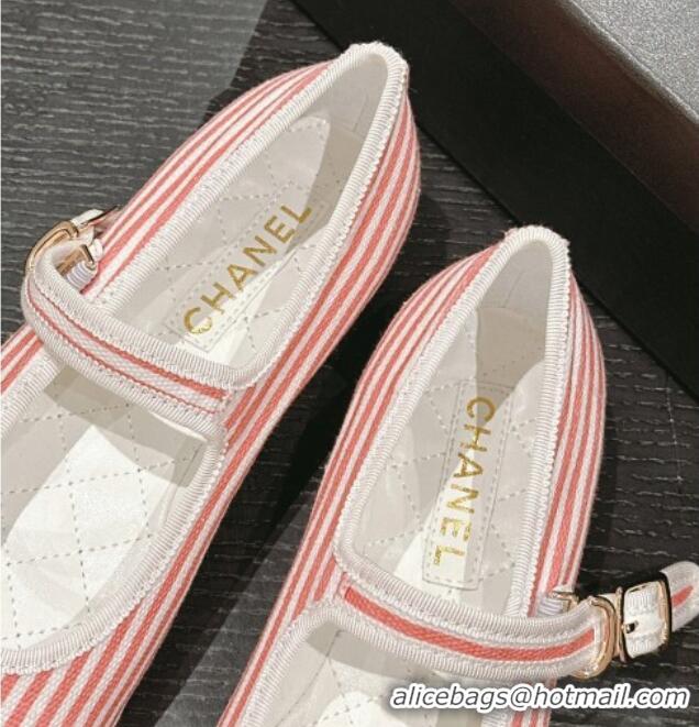 Grade Quality Chanel Stripes Embroidered Fabric Mary Janes Flat Ballet G45503 Pink 603084